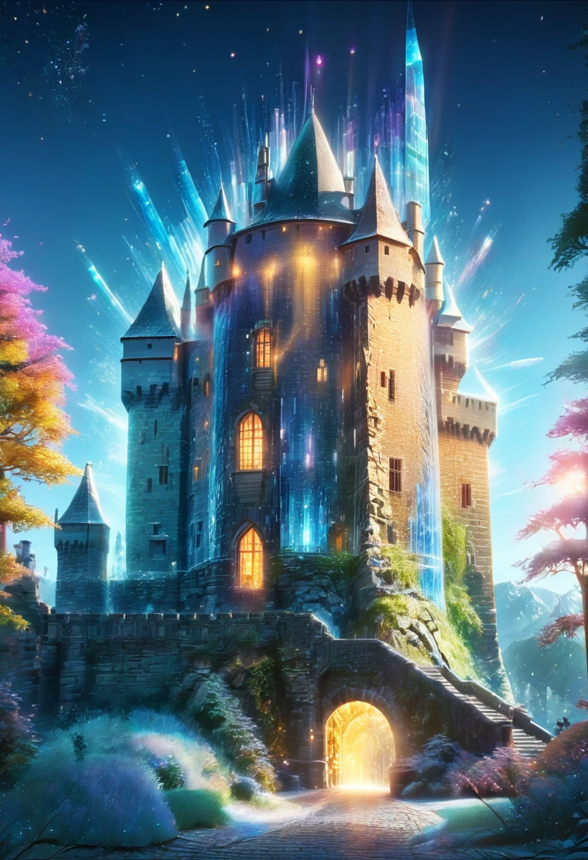 ((castle,crystal:1.5)),magical,dreamlike,shimmer,ultra-detailed,sharpness,(best quality,4k,8k,highres,masterpiece:1.2),vivid colors,bokeh,HDR,ultra-fine painting,physically-based rendering,studio lighting,landscape