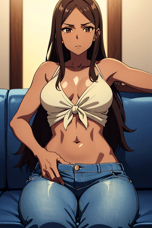 (detailed), perfect face, brown skin anime woman in a deep V-neck tied top, (bare shoulders), (jeans), (long hair), starving, (resting hands on the stomach), (hands on the stomach), (slim woman), (shiny skin), (shiny arms), (sitting on the couch), holding breath, ((best quality)), ((masterpiece))