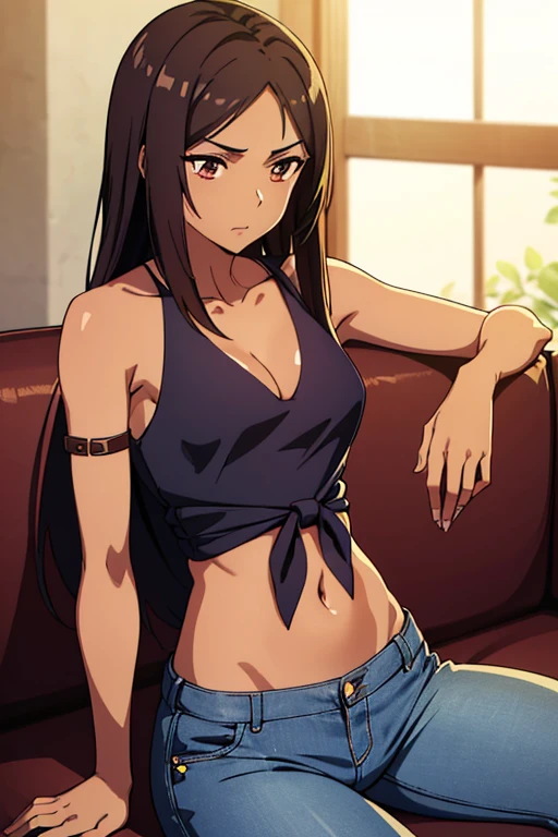 (detailed), perfect face, brown skin anime woman in a deep V-neck tied top, (bare shoulders), (jeans), (long hair), starving, (resting hands on the stomach), (hands on the stomach), (slim woman), (shiny skin), (shiny arms), (sitting on the couch), holding breath, ((best quality)), ((masterpiece))
