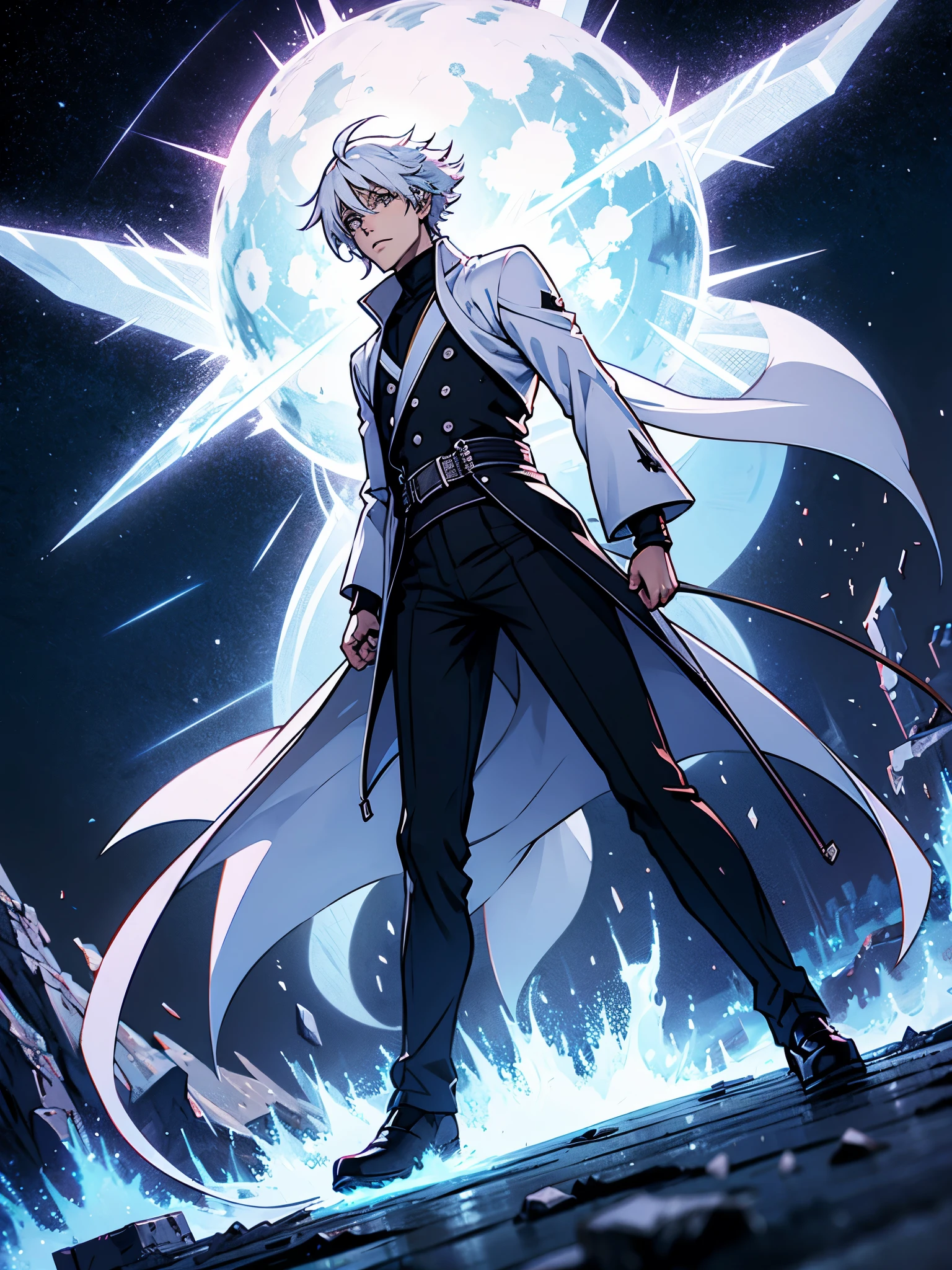 Japanese anime, boy, alone, silver white hair, white glass shards, crystallization, night sky, winter night, starry sky, shooting star crossing, solo, silence, rendering, best quality, masterpiece, full body, particle light effects, rendering