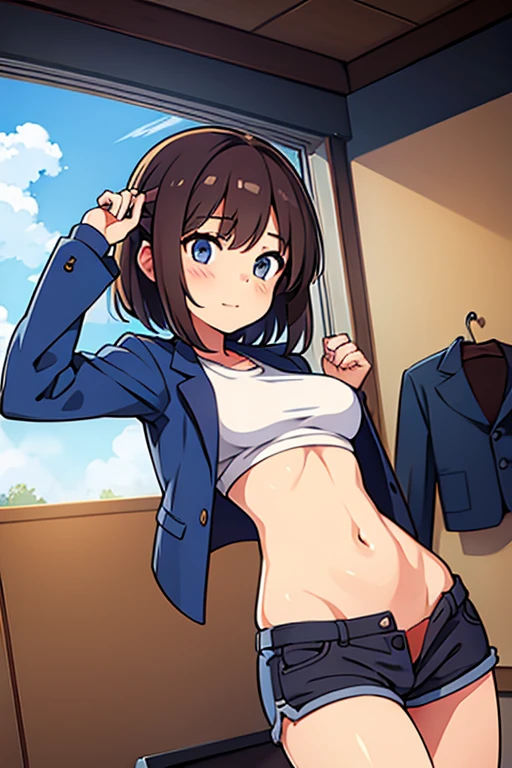 、(masterpiece、Highest quality)、Highest quality, Ultra-high resolution, (((masterpiece))), alone, Sweat、Big eyes, Composition from the front、Shortcuts、Embarrassed face、Blonde Hair、Cut your hair short、School classroom、Sailor suit、skirt、short hair、Browsing Caution、Upper body naked、Breasts exposed、Nipples、Large areola、Sitting in a chair without a backrest、Internal Medicine Examination、Woman showing her body、belly button、真Composition from the front、School Insurance Office、curtain、cubicle、window、door、Fluorescent lamp