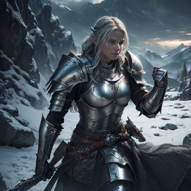 (master piece:1.5), (best quality:1.5), (exquisite lighting and shadow, highly dramatic picture, cinematic lens effect) (Photorealistic picture) (Card game image) 8k, wallpaper, dynamic pose, a white skin orc female knight wearing a damaged silver armor, large arms, mountains cave background, highly detailed, realistic, cinematic lighting, studio quality
