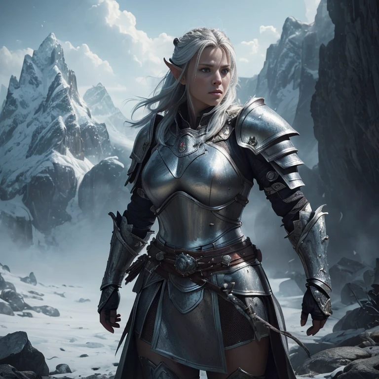 (master piece:1.5), (best quality:1.5), (exquisite lighting and shadow, highly dramatic picture, cinematic lens effect) (Photorealistic picture) (Card game image) 8k, wallpaper, dynamic pose, a white skin orc female knight wearing a damaged silver armor, large arms, mountains cave background, highly detailed, realistic, cinematic lighting, studio quality
