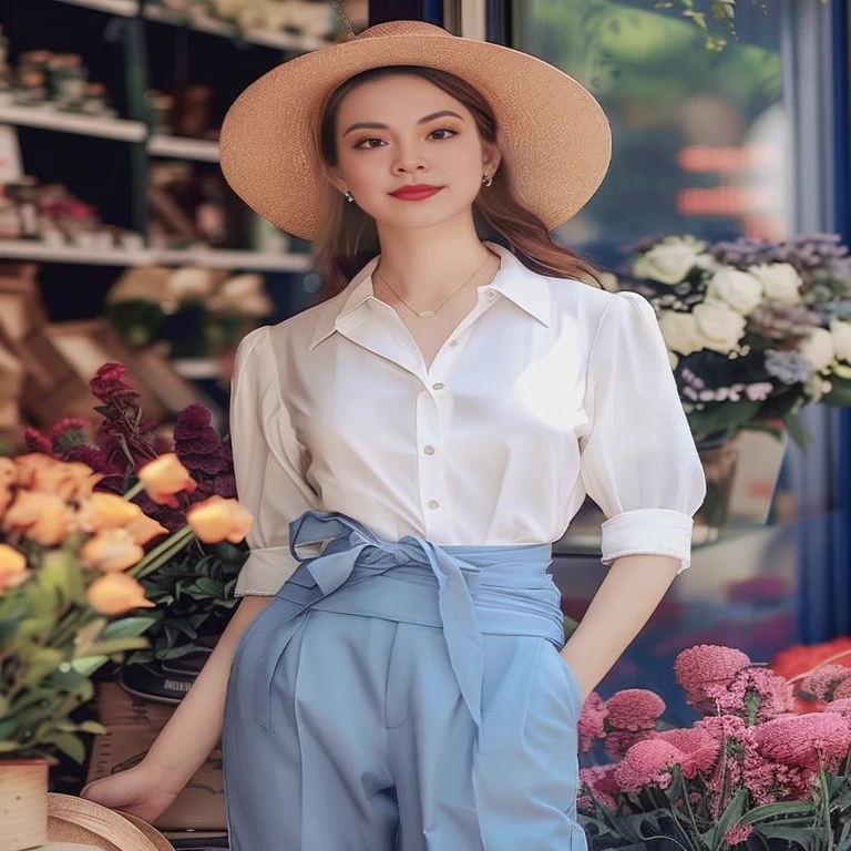 A woman wearing a blue hat and pants stands in front of a flower shop., wearing a shirtสีขาว, การสวมshirtเบลาส์, wearing a white button up shirt, shirtสีขาว, elegant slim beige shirt, สวมshirtผ้าลำลองที่หรูหรา, Wear elegant clothes, shirtสีครีม, Korean female fashion model, fine white shirt, shirtเบลาส์ทรงหลวม, shirt, Light blue dress