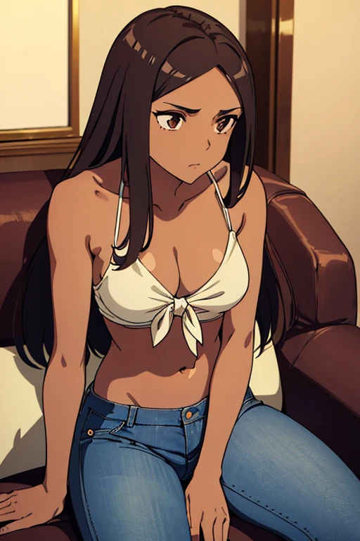((best quality)), ((masterpiece)), (detailed), perfect face, brown skin anime woman in a deep V-neck tied top, (bare shoulders), (jeans), (long hair), starving, (resting hands on the stomach), (hands on the stomach), (slim woman), (smooth skin), (sitting on the couch)