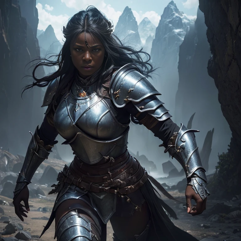 (master piece:1.5), (best quality:1.5), (exquisite lighting and shadow, highly dramatic picture, cinematic lens effect) (Photorealistic picture) (Card game image) 8k, wallpaper, dynamic pose, a black skin orc female knight wearing a damaged silver armor, large arms, mountains cave background, highly detailed, realistic, cinematic lighting, studio quality
