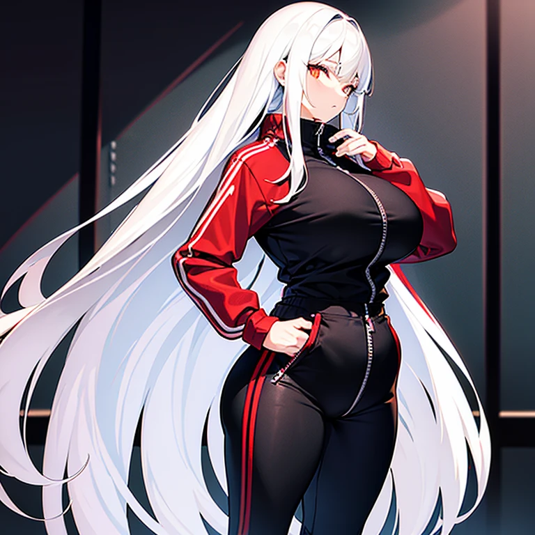 Woman, Long straight white hair with straight bangs, big breasts, big ass, red shirt, black sweatshirt with the zipper a little open, black gym pants with white stripe on the side
