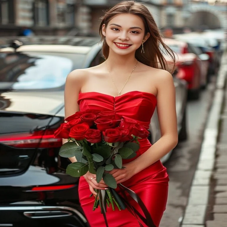 a woman in a red dress holding a bouquet of roses, with flowers, wearing a red dress, girl wears a red dress, cute woman, wearing red dress, red roses, red dress, Beautiful and smiling, With a graceful smile, in a red dress, attractive woman, elegant red dress, red roses at the top, Wear a red formal dress, holding flowers