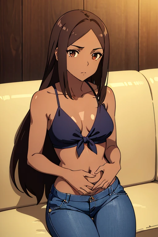 ((best quality)), ((masterpiece)), (detailed), perfect face, brown skin anime woman in a deep V-neck tied top, (bare shoulders), (jeans), (long hair), starving, (resting hands on the stomach), (hands on the stomach), (slim woman), (smooth and shiny skin), (resting on the couch)