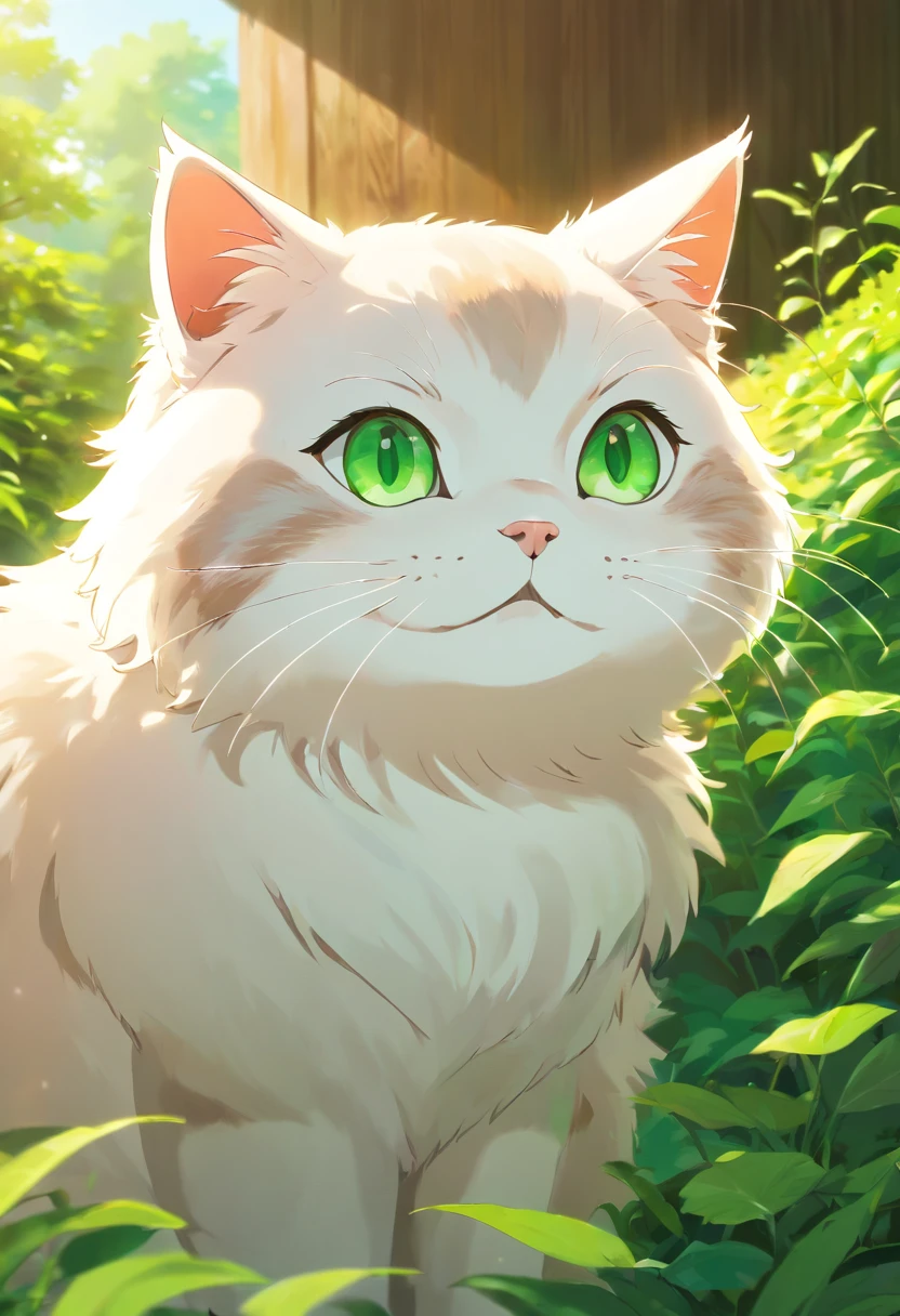 Effect light beautiful, effect natural beautiful, cat, big fat, quality 4k, best quality, macro, white light fur, green eyes