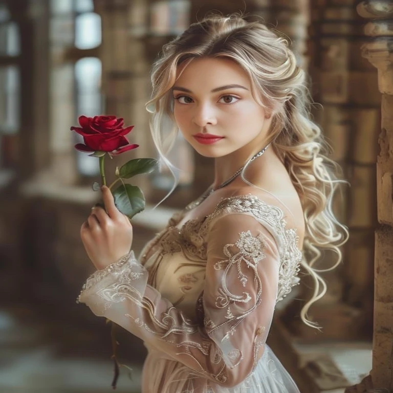 a close up of a woman in a dress holding a rose, red increase in hair, blonde hair princess, increase in hair, holding a rose, gorgeous woman, beautiful young woman, cute woman, luxurious portrait, Romantic pictures, Ethereal beauty, Beautiful Princess, Medieval Princess, beautiful portrait, beautiful fantasy girl, beautiful woman, elegant woman, Beautiful blonde girl