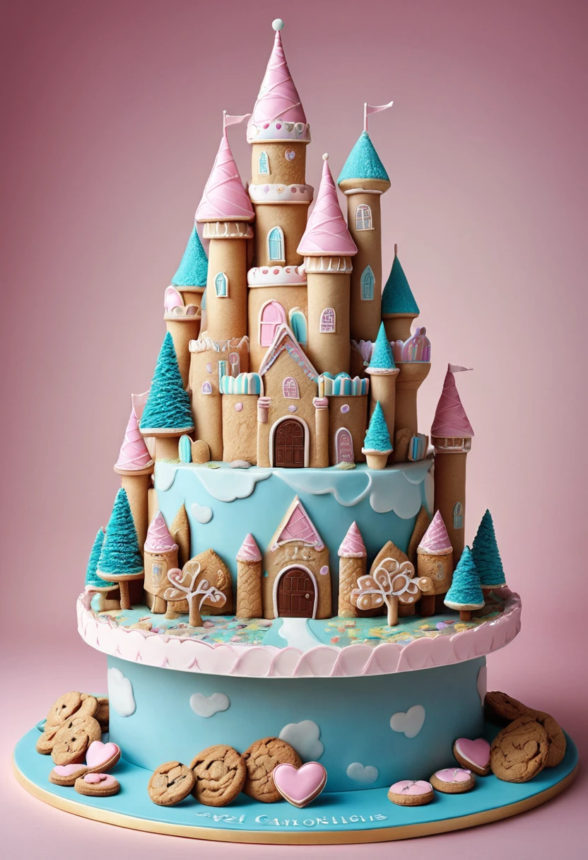 Castle made of cookies, sugar, Candyland, (masterpiece, best quality, Professional, perfect composition, very aesthetic, absurdres, ultra-detailed, intricate details:1.3), by joel robison