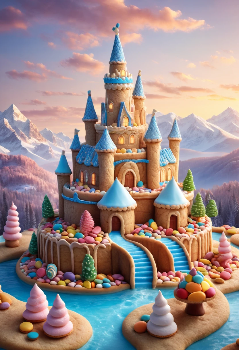 Castle made of cookies, sugar, Candyland, (masterpiece, best quality, Professional, perfect composition, very aesthetic, absurdres, ultra-detailed, intricate details:1.3), by joel robison