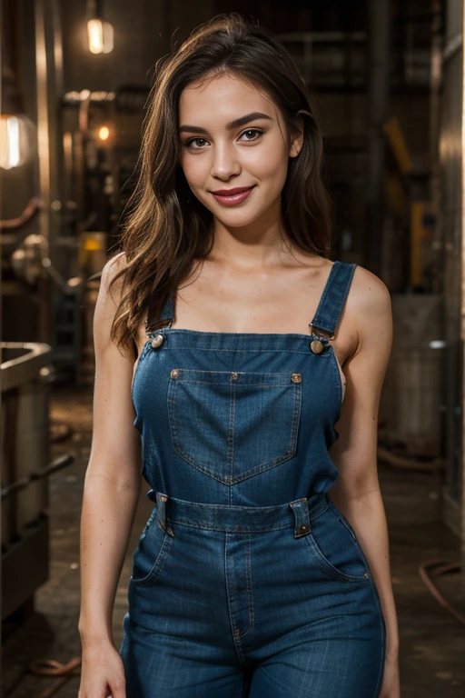 a woman, 25ear old, long brunette hairs, 8K, UHD, flash lighting, professional lighting, textured skin, romantic smile, dans une usine (machinery, sparks), sexy, wearing only an overalls (lace overalls)