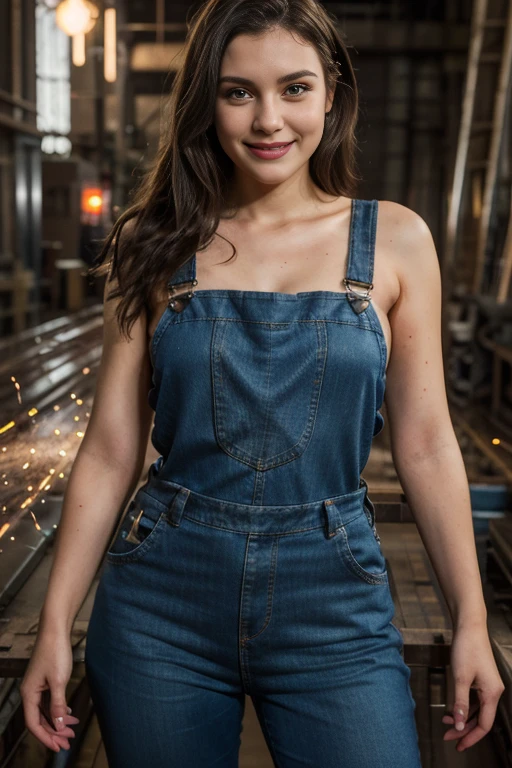 a woman, 25ear old, long brunette hairs, 8K, UHD, flash lighting, professional lighting, textured skin, romantic smile, dans une usine (machinery, sparks), sexy, wearing only an overalls (lace overalls)