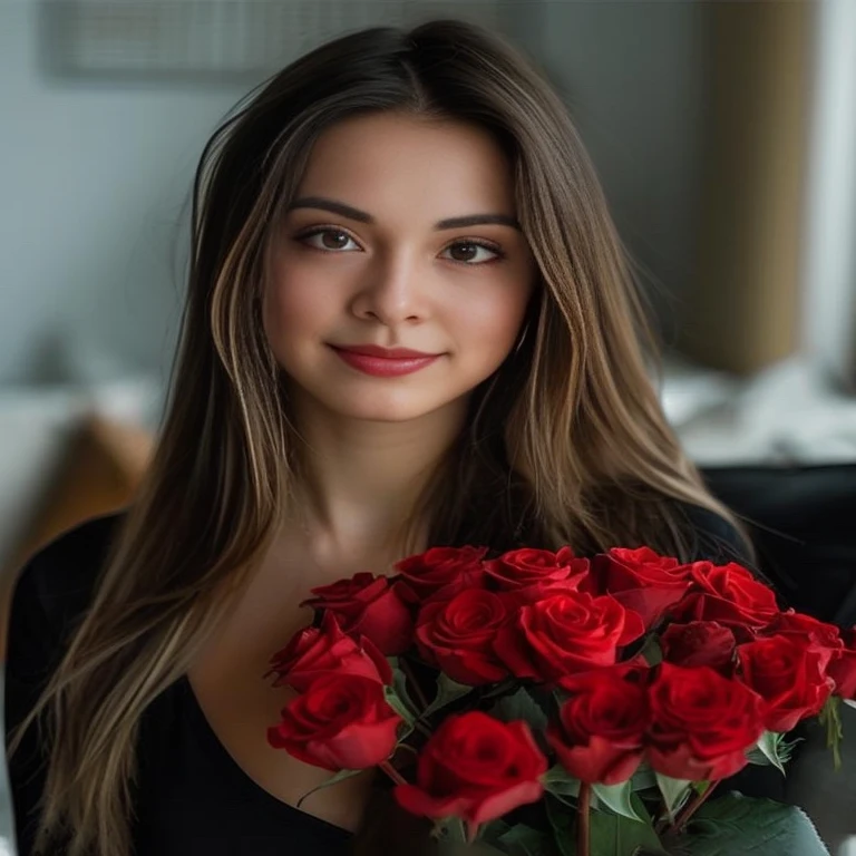 Aarav woman holds a bouquet of red roses in the living room, with flowers, attractive woman, cute woman, Anastasia Ovchinnikova, attractive woman, Anna Nikonova, beautiful girl, beautiful woman, gorgeous woman, Alina Ivanchenko, Anna Nikonova aka newmilky, Magdalena more often, Moleksandra Chasasliva, cute woman