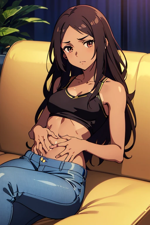 (detailed), perfect face, brown skin anime woman in a deep V-neck tied top, (bare shoulders), (jeans), (long hair), starving, (resting hands on the stomach), (hands on the stomach), (slim woman), (smooth and shiny skin), (resting on the couch), holding breath, flustered, ((best quality)), ((masterpiece))
