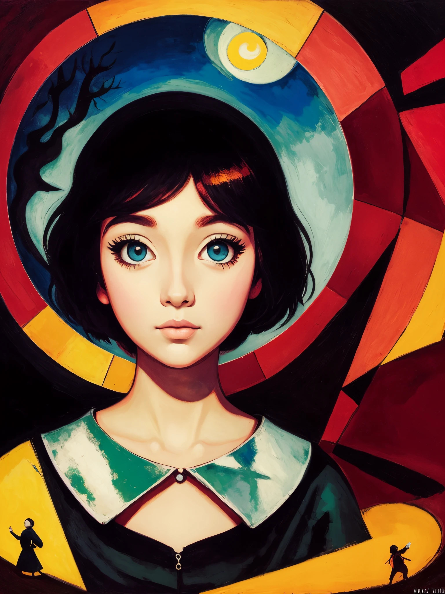 [[(front full portrait:1girl (solo) with big eyes and a short hair bob)((Ilya-Kuvshinov style)),comic art [dress ((Marc Chagall style)])):20]/[background: landscape
 Renaissance, old canva, (scarlet sunset), ((style Hieronymus-Bosch))]/[very colorful,((oil painting palette knife))((masterpiece))]]
