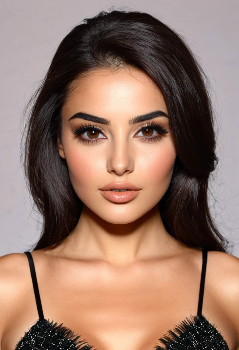 mixed italian algerian type face, brunette, long dark hair, brown eyes, full lips, round eyes, round face, rounded medium arch eyebrows
