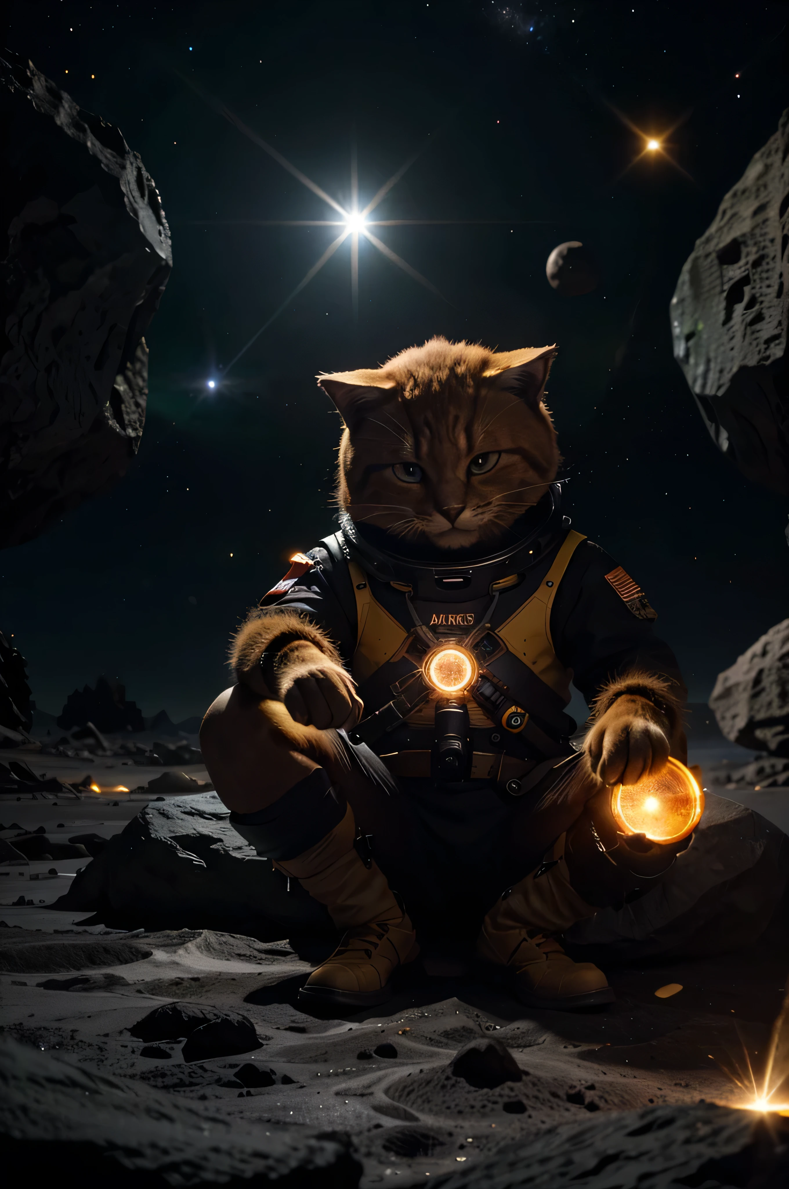 Desenhe um gato programador de olhos amarelo, sitting on a research platform floating in the middle of an asteroid belt. He is holding a colorful joystick, surrounded by several asteroids glowing with fiery auras. Dramatic lighting from distant stars and planets illuminates the scene, casting deep shadows on the costume. o gato parece confiante e determinado, looking at the vast and mysterious universe with awe and respect.