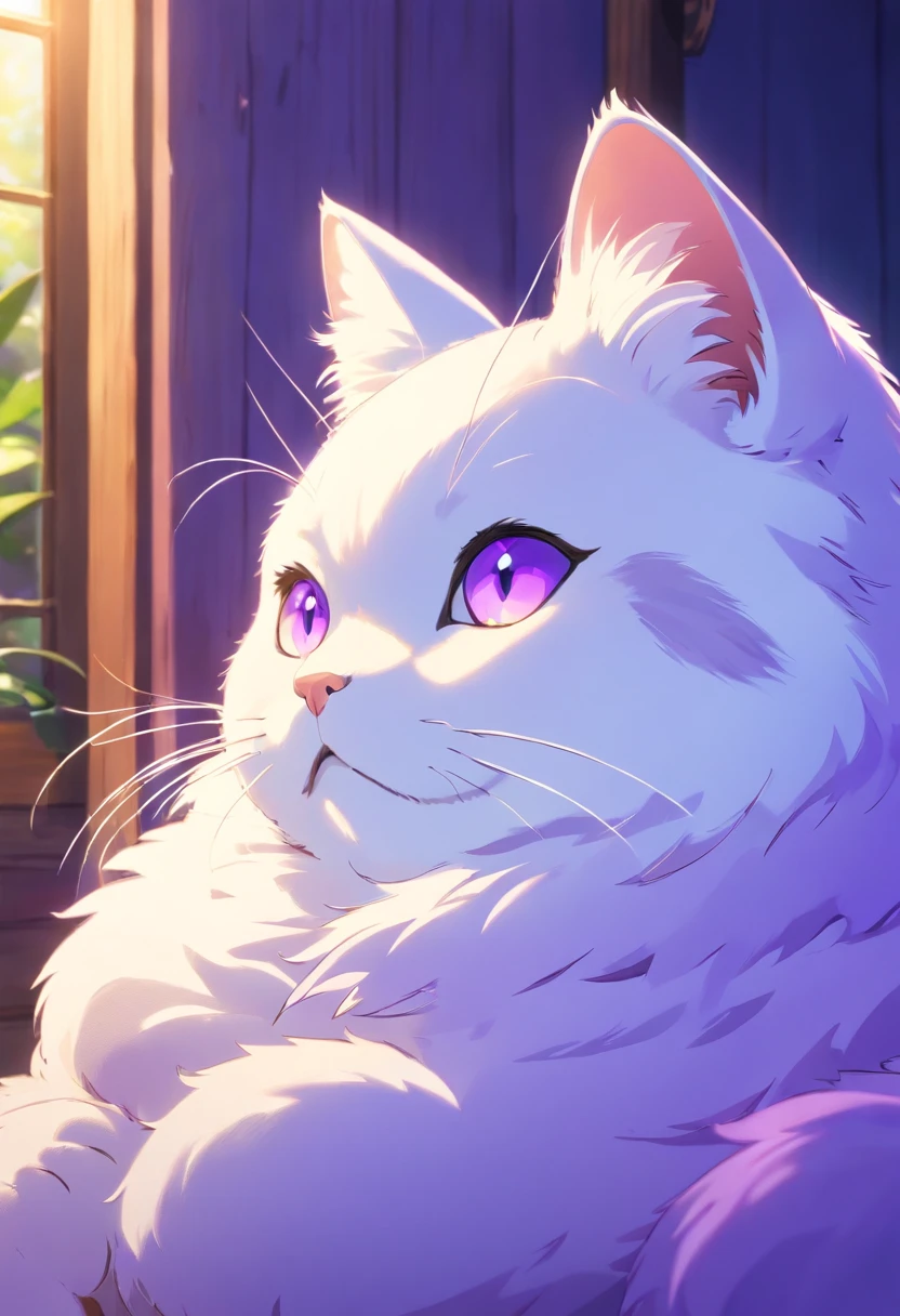 Effect light beautiful, effect natural beautiful, cat, big fat, quality 4k, best quality, macro, white light fur, violet eyes