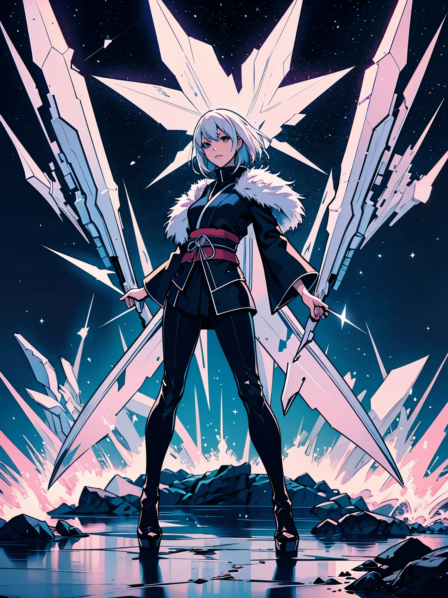 Japanese anime, women, alone, silver white hair, white glass shards, crystallization, night sky, winter night, starry sky, shooting star crossing, solo, silence, rendering, best quality, masterpiece, full body, particle light effects, rendering