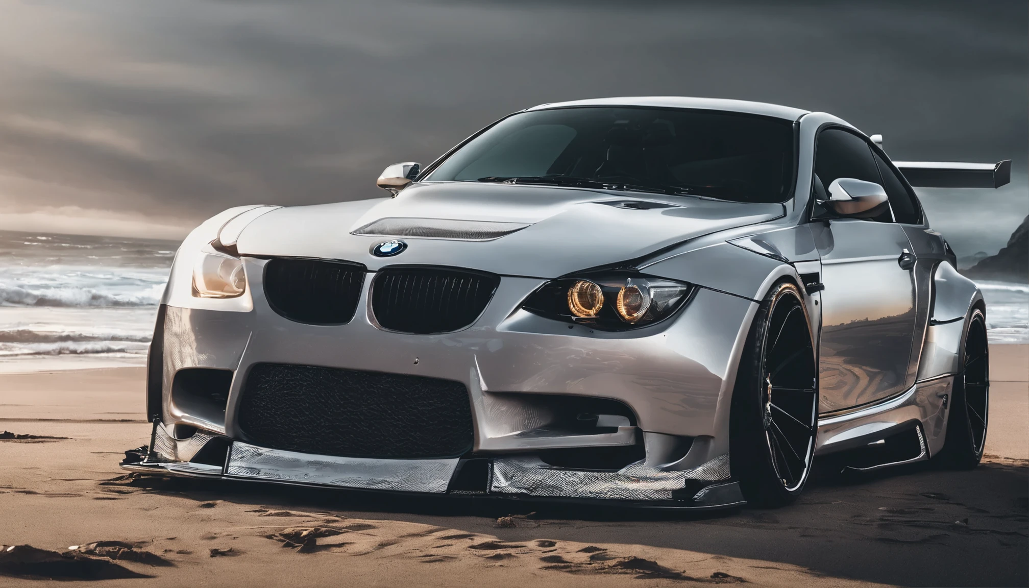 Bmw with liberty walk bodykit, riding on beach, in sunshine morning