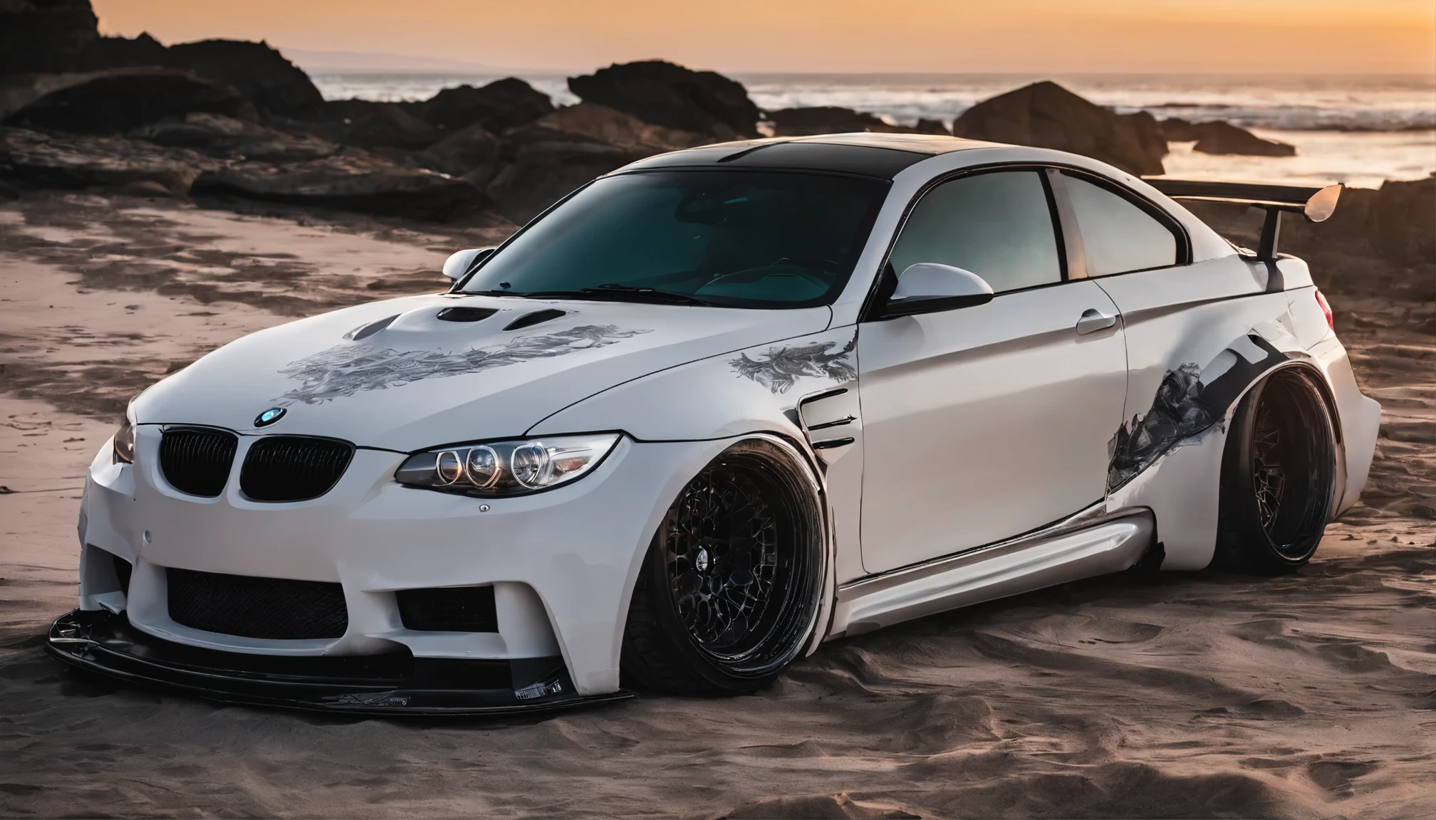 Bmw with liberty walk bodykit, riding on beach, in sunshine morning
