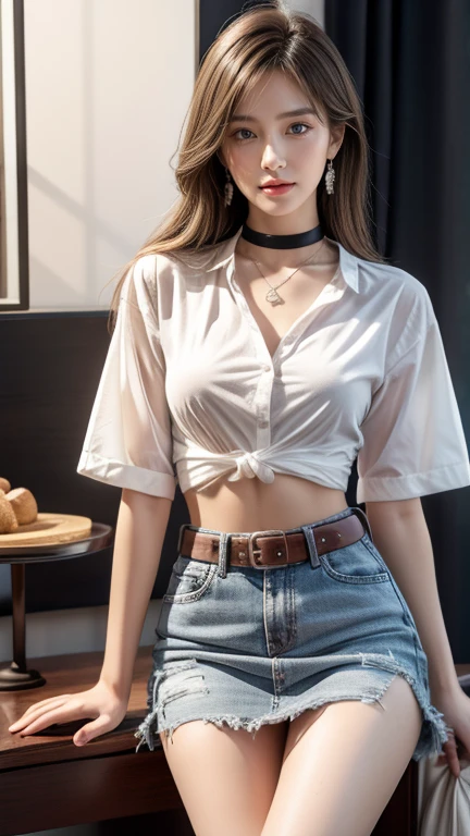 best quality, 8K, HDR, high resolution, full body photo Close-up photo of shin, blurred background, Bokeh:1.2, photography, (RAW image:1.2), (realistically: 1.4 ), (Masterpiece:1.3), (complicated details:1.2), 1 teenage girl, single, Delicate, beautiful, (Detailed eye), (Detailed pages), hair in one eye, purple eyes, Blonde hair, Bob, Side bangs, sitting, sharp eyeliner. Blush eyeshadow, thick eyelashes, very Delicate and beautiful. , round chin, Round ring earrings 100 cm., Sharp eyes, choker, Heart shaped necklace (Symmetrical eyes)(Perfectly symmetrical figure) Photo of a 20-year-old girl, very beautiful, charming, with contemporary fashion drawings as well...... , look at people, Flat stomach, (((Perfect breasts))), tight, (looking_at_viewer), from the front, (thin), (best quality: 1.4), (special high resolution: 1.2), movie studio lights, (Very detailed illustrations), (lip gloss, best quality, special high resolution, Depth of field, wide exposure, natural shading, 85 mm. f/1.4, ISO 200, 1/ 160 seconds:0.75), Belt 3.5 cm., sitting on reading table Lift one left leg on tiptoe. Allow your right leg to open freely at eye level. wearing engineering boots Dynamic pose, smile ((mahalaiuniform, white short-sleeved shirt Unbutton the top half of the chest. Show a little breast Black mini skirt with slit in front of the legs)) Open chest.