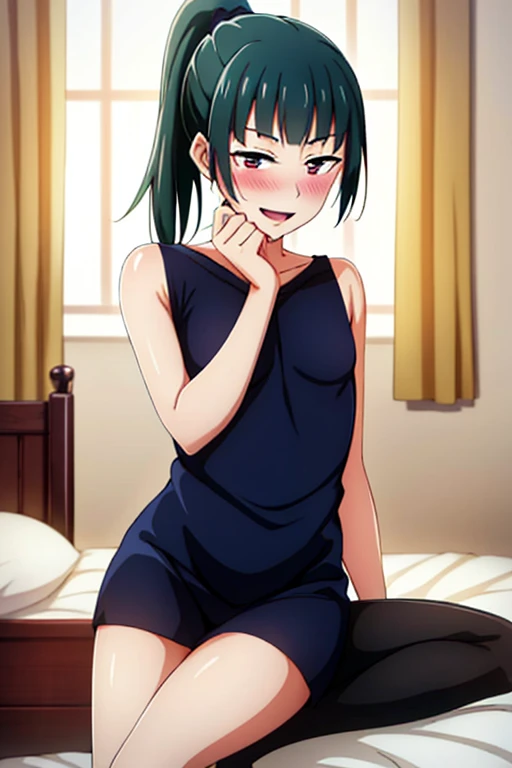 ((highest quality)), ((masterpiece)), (be familiar with), Perfect Face, indoor, Bedroom, Watching the audience,
One woman, Zenyuan Maki,
Open Mouth, Ecstatic expression, blush, smile,
Small breasts, Flat Chest, Young Girl, , , Girl,
Long Hair, ponytail,
Leg spread,