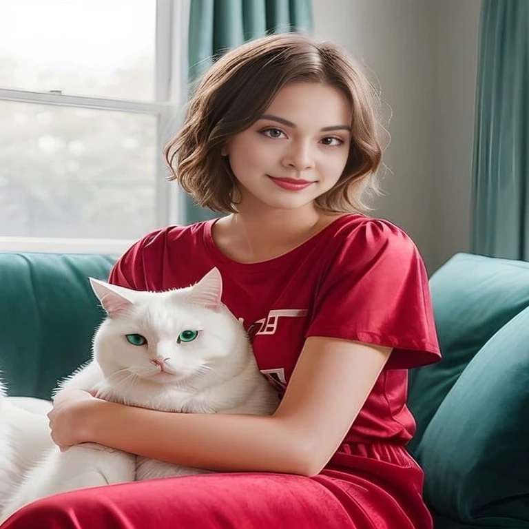 there is a woman sitting on a couch holding a white cat, with small cat on lap, with cats on her side, Portrait of Sophie Mudd, Anna Nikonova aka New Milky, Isabela Moner, very beautiful cute catgirl, woman / cat hybrid, Olga Busova, white ( cat ) girl, Kiko Mizuhara, Jenna Colman