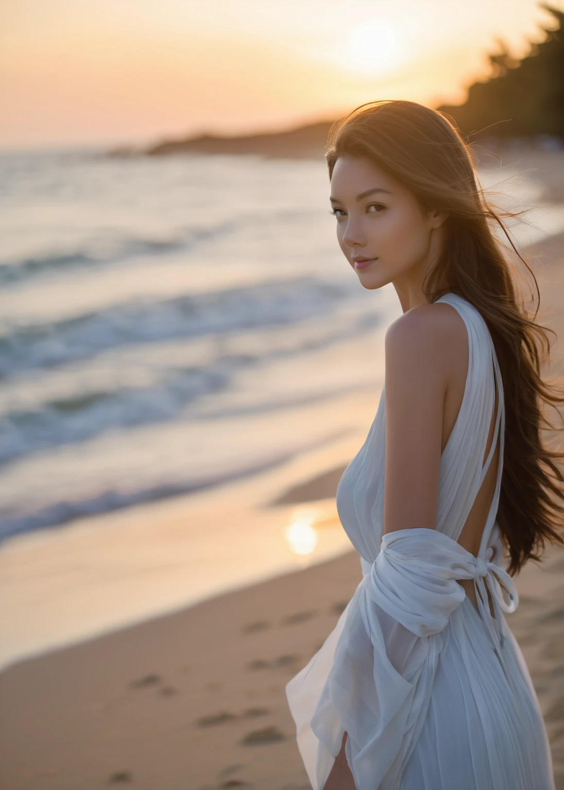 Scene of a woman sideways on the beach, looking over her shoulder at the camera. The diaphragm aperture is set to f/8, ensuring a depth of field wide enough to keep the woman and the scenery in focus, from forest trees to ocean waves. (Camera type: Professional high-resolution DSLR). Lens: High quality wide angle to capture the full breadth of the scene. Lens focal length: (Between 24mm and 35mm) to cover the entire landscape. Aperture: (Set to f/8 to ensure adequate depth of field). ISO: (Adjusted to 100 to minimize image noise). Shutter Speed: (Between 1/100 seconds to capture the subtle movement of the scene). White balance: Adjusted for the specific lighting conditions of the scene (such as direct sunlight or soft sunset light). Image exposure is carefully balanced to capture the full range of sunset tones, from soft pinks and oranges to bright golds and intense blues with ribbon lights in the sky. White balance is adjusted to ensure natural and accurate colors, preserving the beauty and serenity of the scene. Focus: Adjusted to ensure key elements in the scene are sharp and well-defined. Image Stabilization: Enabled to ensure sharp images, especially in low-light conditions or when there is movement in the scene.