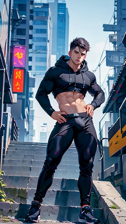 2 boys, toned、big buttocks, Steep hips, muscular, large bulges in the groin, sensual crotch, Wide and very bright black eyes、HD、masterpiece、With bright、Slim dark hoodie with crop top、Full length view、Fashionable hair