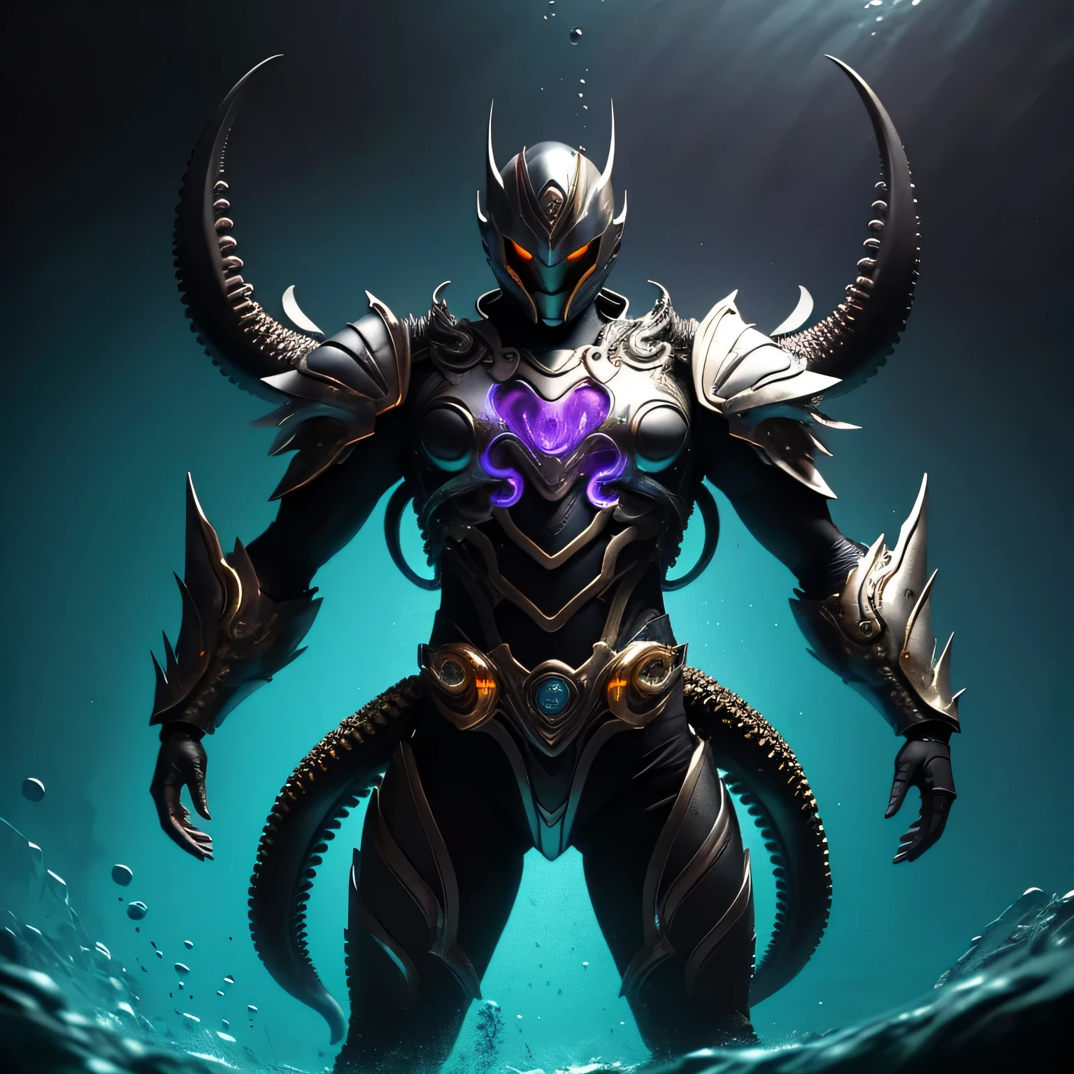 best quality)), ((masterpiece)), (detailed), perfect face, Black and Bright Silver coloring, Octopus Kamen Rider, Underwater background, Single person, Sleek Octopus Armor, Full Body, Octopus Base, Evil Kamen Rider, 1 male, Octopus Design, Round Armor, No Tentacles