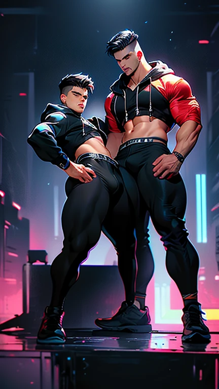 2 boys, toned、big buttocks, Steep hips, muscular, large bulges in the groin, sensual crotch, Wide and very bright black eyes、HD、masterpiece、With bright、Slim dark hoodie with crop top、Full length view、Fashionable hair