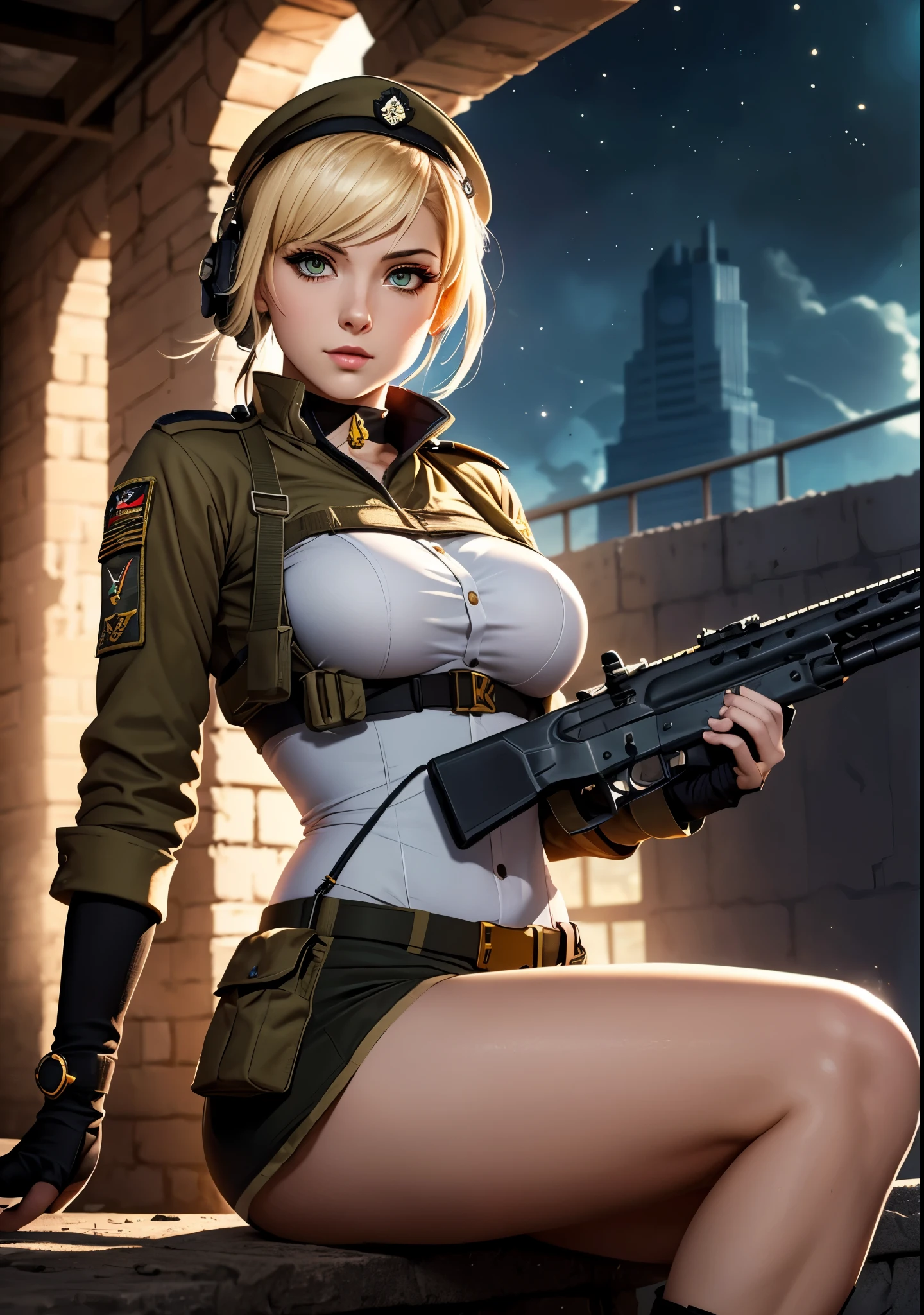 ((extremely detailed 8k illustration)), high resolution, (extremely detailed and hermoso background), pintura ultra detallada, professional illustration, Ultra-precise representation, Ultra-detailed rendering, (hermoso and aesthetic:1.2), hdr, (profundidad de campo:1.4), vistoso, vivid, hermoso detailed glow light particles, intrincado:1.4, buenas manos, manos perfectas, Detalles de la cara:1.2, cara bonita, hermosa mujer con un rifle automatico y un sombrero posando de espalda., finos detalles. Frontline girls, mechanized chica soldado, from Frontline girls, m4 sopmod ii Frontline girls, Frontline girls style, Frontline girls cg, nikke, chicas nikke, infantry girl, dieselpunk chica soldado, Frontline girls universe, misa amane *, render de abril, chica militar, (exquisite lighting and shadow), dynamic angle, DSLR, Sharp focus: 1.0, Maximum clarity and sharpness