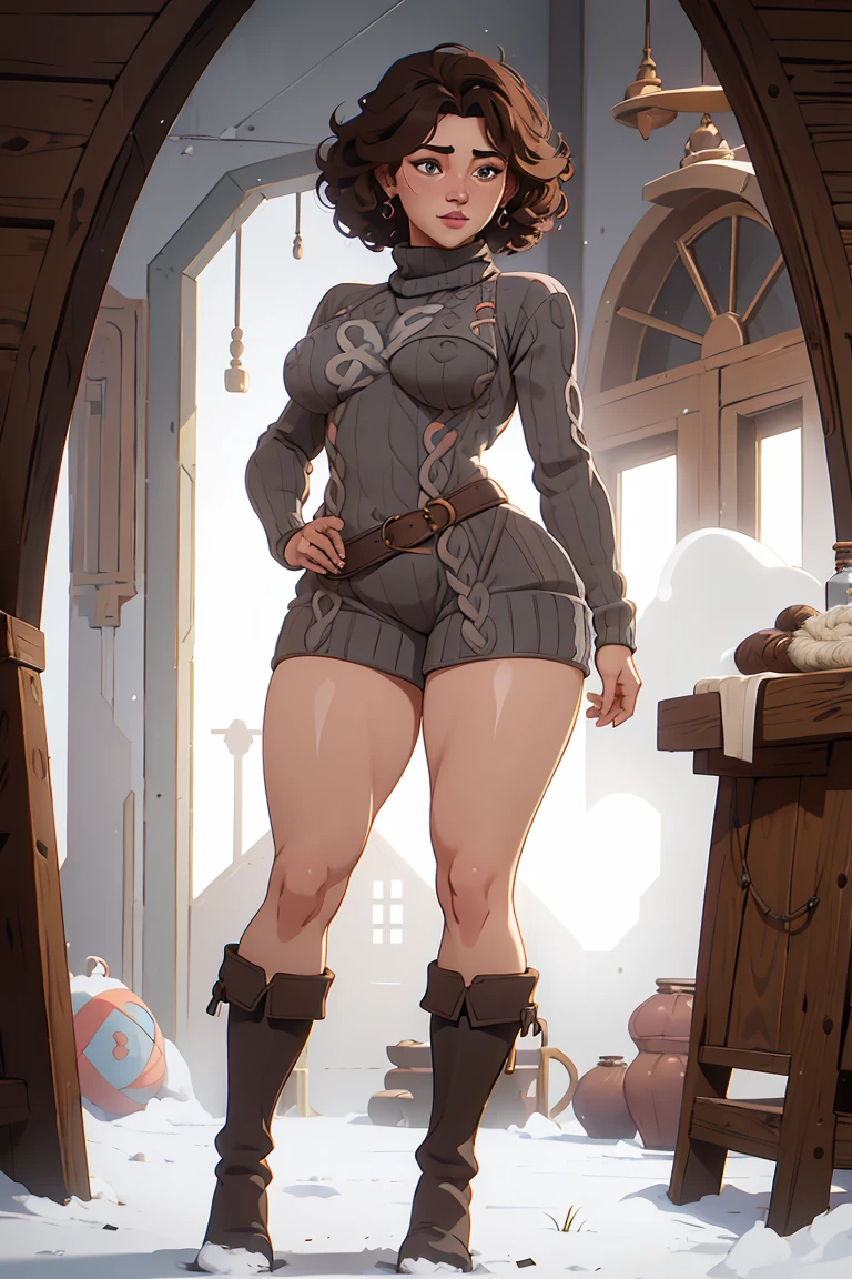 Solo, jewish girl, cascina caradonna, 1girl, (very curly open wild dark brown hair), wide seductive lips, smirking, skin, larger nose, high detailed face, 4k , camletoe, (small breasts, straight waist,wide hip, slightly chubby body,inflated legs,thick thighs,(detailed face)), 4k, look at camera, highly detailed face, (wearing a gray wool sweater:1.4), (Mid Calf Plush Round Toe boot), standing in snowstorm, ((full body))