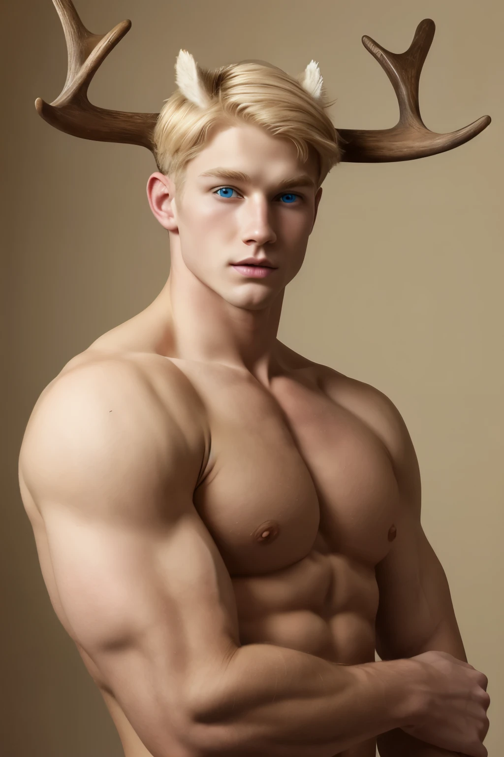 Caucasian man, thin nose, thin lips, blue eyes, blonde hair, deer horn on his head, jock putfit, slightly fleshy undertone, young handsome face, pastel art