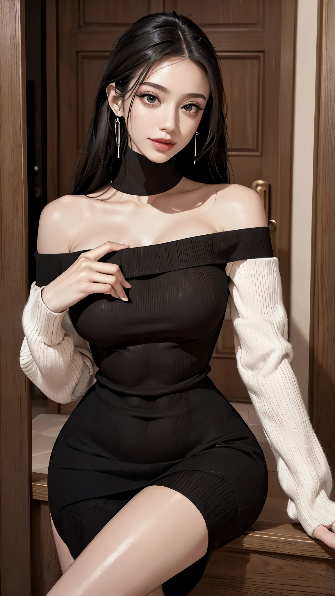 ((Open your mouth))、masterpiece,highest quality,High resolution,Very detailed,skinny,,((Captivating smile ))、skinny,Black Choker,Earrings,Big cleavage、(Light-colored off-the-shoulder tight sweater dress:1.5)、,Race,(( Perfect Fingers )) , indoor,(Open the front door 1.2),((sexy Gestures:1.3))、Heavy breathing ,
Accurate 5-finger、Accurate human body、The perfect human body、The most beautiful face, true to the human body、Correct five-finger、The perfect human body、Someone knowledgeable、Highly detailed face and skin texture、Natural neck length、(beautiful Hands)、beautiful, Long, slender legs、Straighten two legs、Straighten two arms、