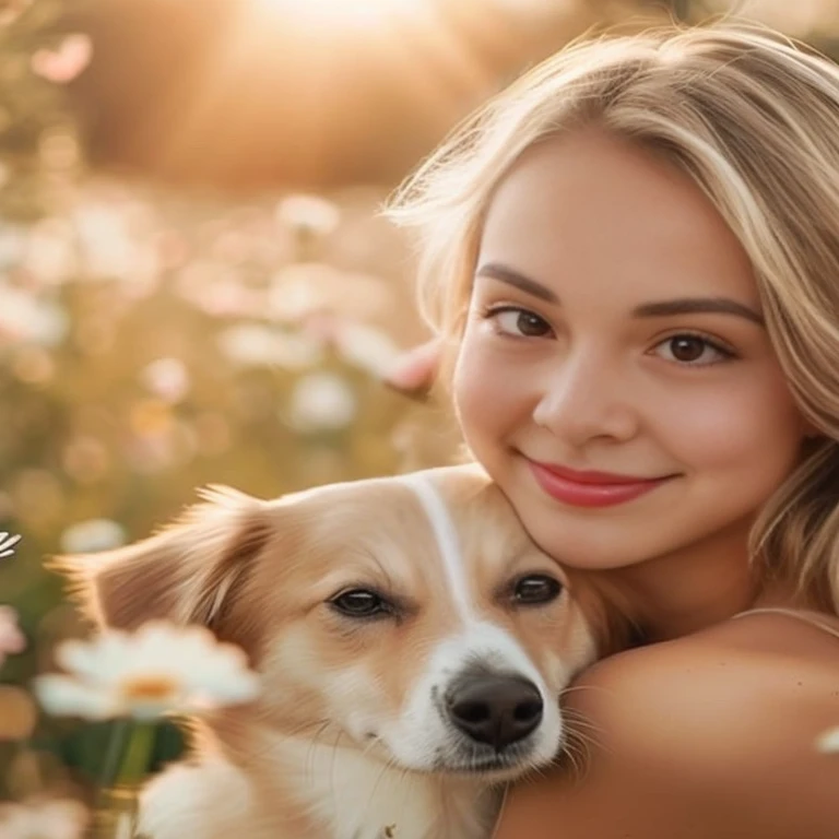 Araaf woman with dog in flower field, high quality vertical, soft golden light, golden lightอันนุ่มนวล, Lightroom Preset, soft Portrait 8 k, การจัดองค์ประกอบPortraitที่สมบูรณ์แบบ, Beautiful vertical lighting, photorealistic, medium soft light vertical, Retouch in Photoshop, Realistic style photography, soft light vertical, Profile picture, golden light, Portrait