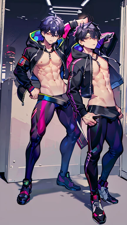 2 boys, toned、big buttocks, Steep hips, muscular, large bulges in the groin, sensual crotch, Wide and very bright black eyes、HD、masterpiece、With bright、Slim dark hoodie with crop top、Full length view、Fashionable hair