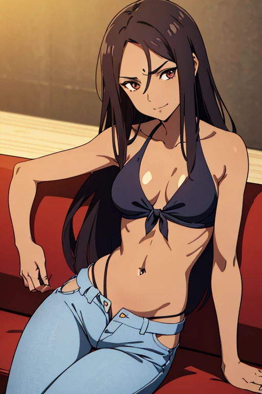 (detailed), perfect face, brown skin anime woman in a deep V-neck tied top, (bare shoulders), (jeans), (long hair), starving, (resting hands on the stomach), (hands on the stomach), (slim woman), (smooth and shiny skin), (resting on the couch), smirk, ((best quality)), ((masterpiece))