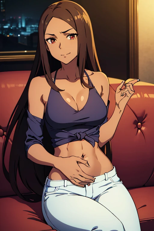 (detailed), perfect face, brown skin anime woman in a deep V-neck tied top, (bare shoulders), (jeans), (long hair), starving, (resting hands on the stomach), (hands on the stomach), (slim woman), (smooth and shiny skin), (resting on the couch), smirk, ((best quality)), ((masterpiece))