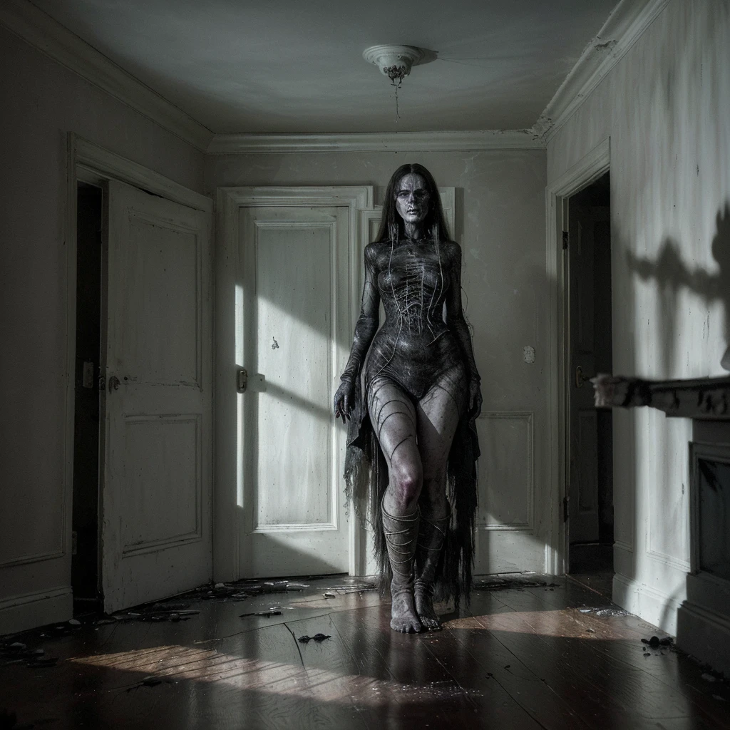 (high quality,photo-realistic:1.37),ghostly appearance,horrifying detailed face,scary glowing eyes,pale white skin,long dark hair,creepy smile,creepy atmosphere,dark room,nighttime scene,eerie shadows,sinister ambiance,haunting vibes,haunted house,spooky setting,old furniture,dust floating in the air,chipped paint on the walls,dimly lit candle,creaky floorboards,cracked windows,shadows playing tricks,ominous presence,mysterious aura,goosebumps-inducing,pulsating tension,feeling of dread,unsettling silence,sinister whispers