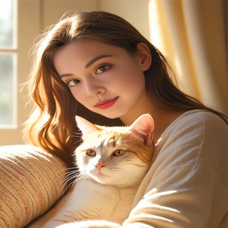 araffe woman sitting on a couch with a cat in her lap, catgirl very cute very beautiful, woman and cat, Beautiful catgirl, Portrait of Sophie Mudd, with a small cat on his lap, high quality vertical, Anna Nikonova aka New Milky, woman / cat hybrid, Big cheeks holding her cat, cat picture, handsome girl