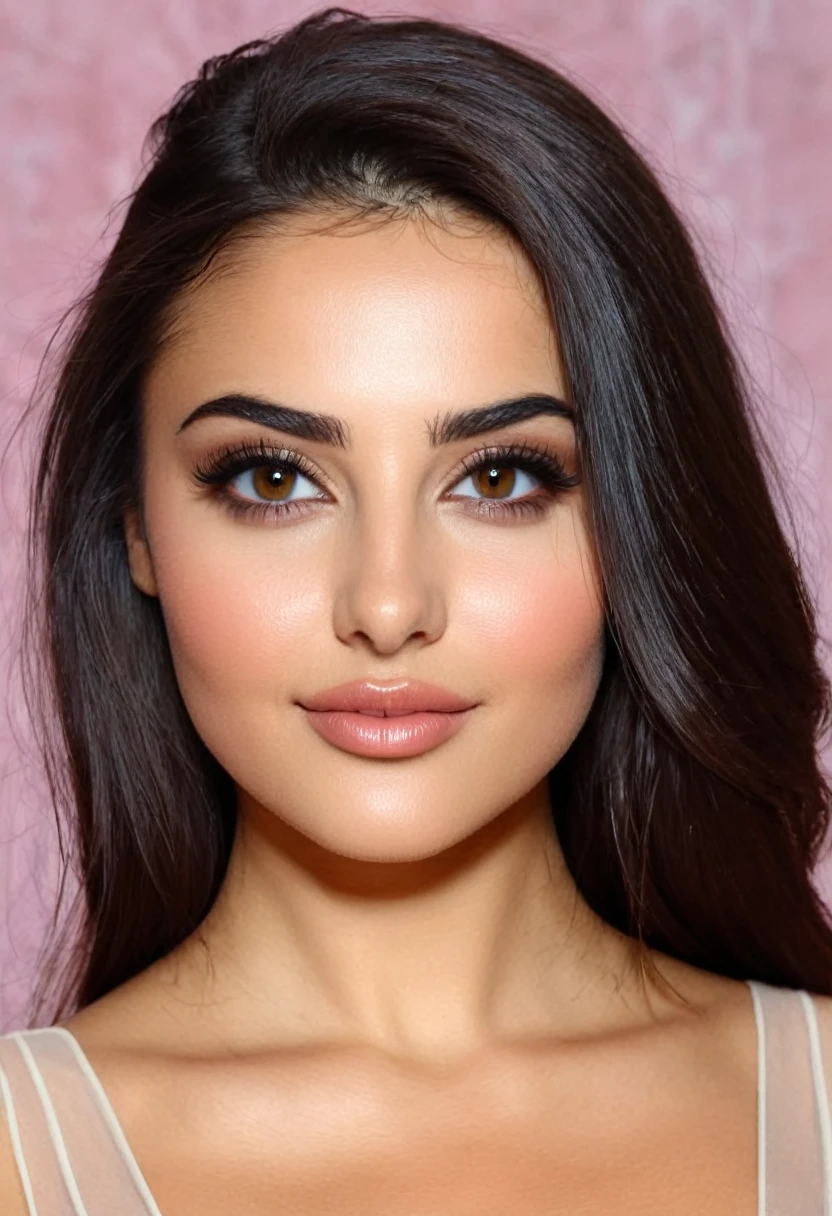 mixed italian algerian type face, brunette, long soft dark hair, Hazel eyes, full lips, round eyes, round face, rounded medium arch eyebrows