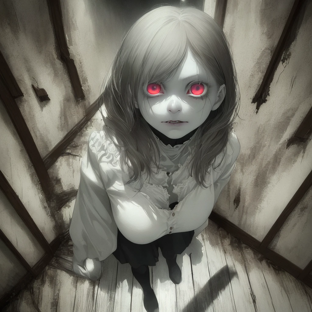(high quality,photo-realistic:1.37),ghostly appearance,horrifying detailed face,scary glowing eyes,pale white skin,long dark hair,creepy smile,creepy atmosphere,dark room,nighttime scene,eerie shadows,sinister ambiance,haunting vibes,haunted house,spooky setting,old furniture,dust floating in the air,chipped paint on the walls,dimly lit candle,creaky floorboards,cracked windows,shadows playing tricks,ominous presence,mysterious aura,goosebumps-inducing,pulsating tension,feeling of dread,unsettling silence,sinister whispers