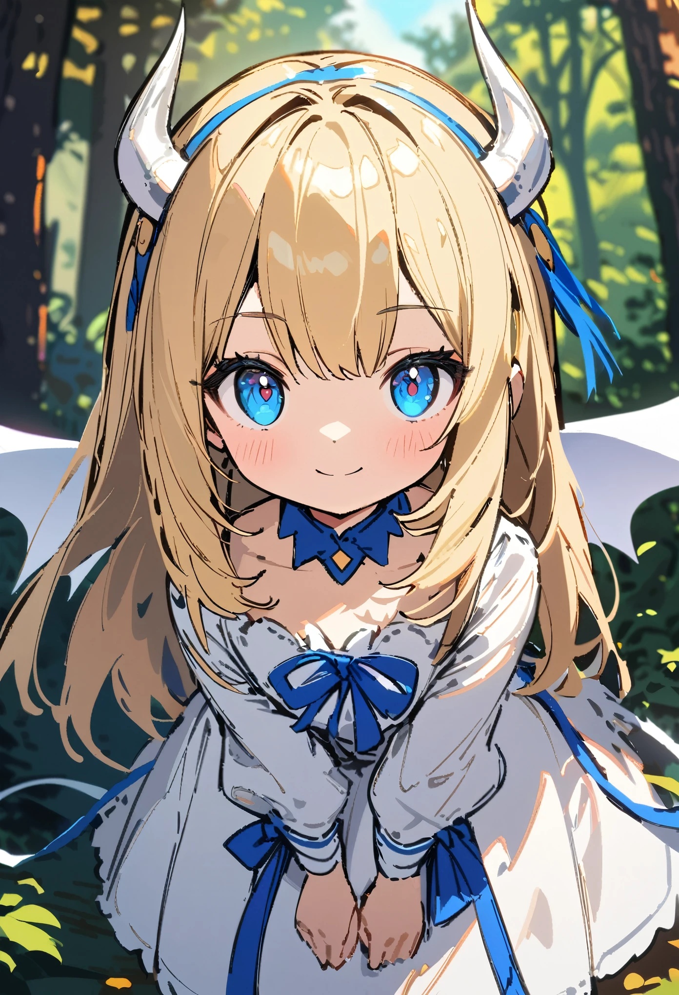 1girl, long blonde hair, blue eyes, younger person, white horns with blue ribbons, white spaded demon tail, white bat's wings, white dress, smiling at viewer, forest background, ultra-detailed, sketchy style, UHD, UHD, UHD