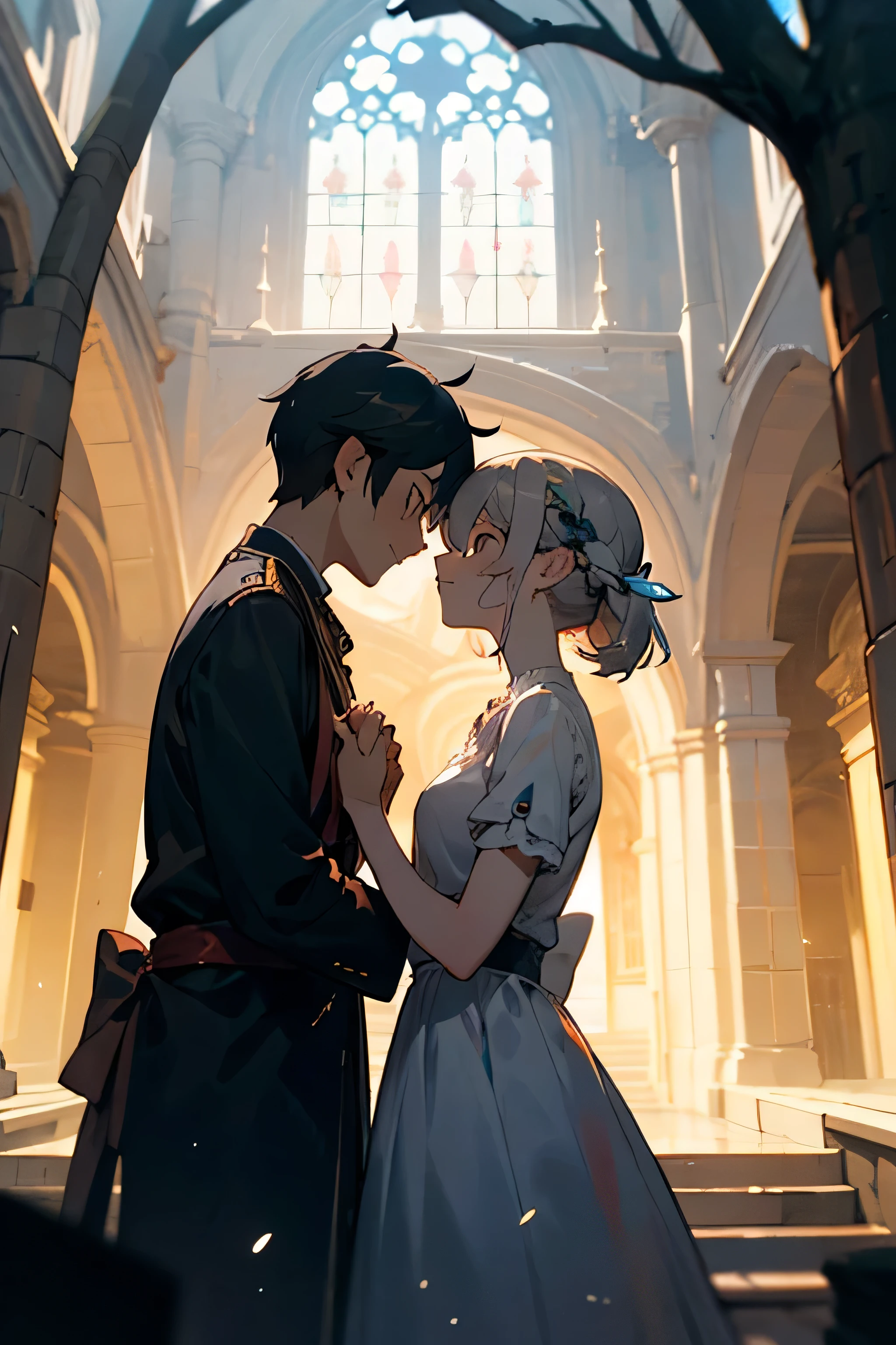 "Paint a scene of quiet sorrow in a quaint village square, where a couple stands beneath the ancient oak tree, its branches swaying gently in the breeze. Surrounding them are charming stone cottages, their windows adorned with flickering candlelight, casting warm glows against the cobblestone streets. The couple clasps hands tightly, their fingers intertwined as they gaze into each other's eyes with a mixture of love and heartache. In the distance, the village church bell tolls softly, marking the passing of time and the inevitability of their parting. Despite the idyllic setting, a sense of sadness lingers in the air, as they brace themselves for the impending farewell that will soon tear them apart, leaving only memories of their fleeting moments of happiness in this picturesque village."