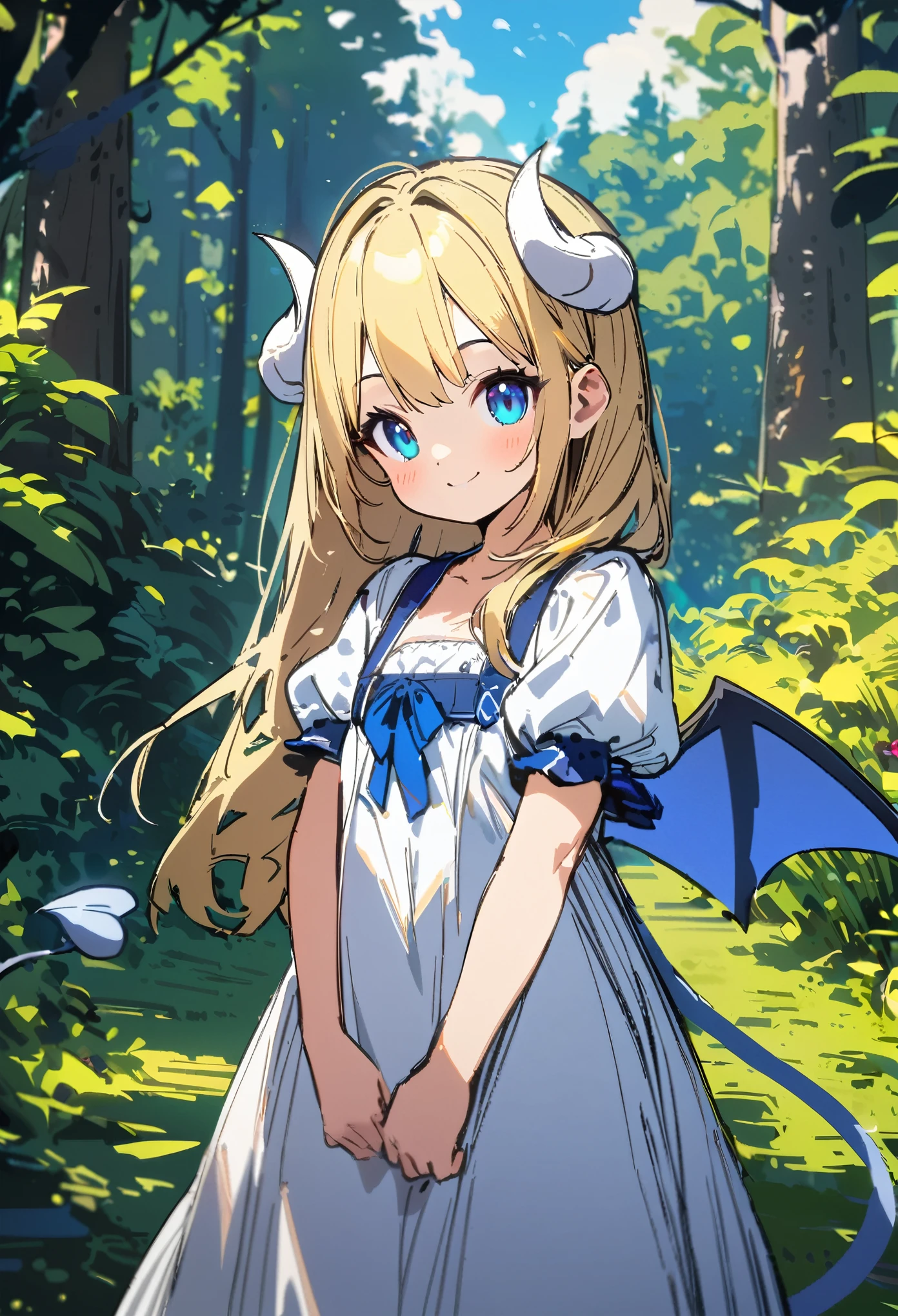 1girl, long blonde hair, blue eyes, younger person, white horns with blue ribbons, white spaded demon tail, white bat's wings, white dress, smiling at viewer, forest background, ultra-detailed, sketchy style, UHD, UHD, UHD